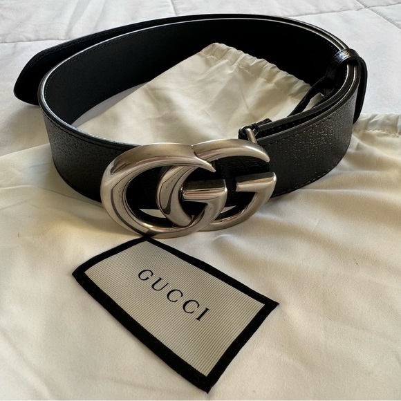 Gucci Authentic Unisex GG Marmont Black Leather Wide Belt Brass Buckle, Sz 80/32 - Picture 4 of 15